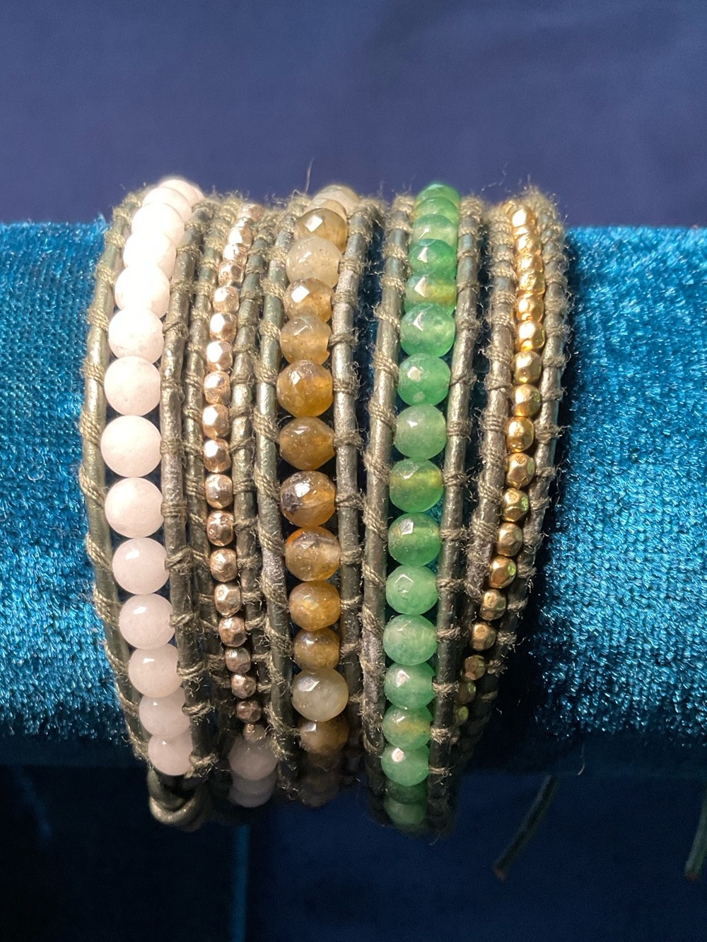 Multi-Row Beaded Wrap Bracelet in Pink, Brown & Green with Gold Accents